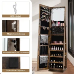 360° Drehbarer Schmuckschrank Freistehender Schmuckorganizer mit Ganzkörperspiegel & Rückregalen Rustikal Braun