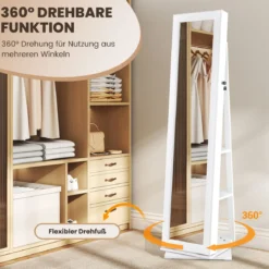 360° Drehbarer Schmuckschrank mit Ganzkörperspiegel Schmuckorganisator Weiß