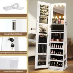 360° Drehbarer Schmuckschrank mit Beleuchtung & Spiegel Spiegelschrank Standspiegel Weiß