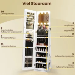 360° Drehbarer Schmuckschrank mit Beleuchtung & Spiegel Spiegelschrank Standspiegel Weiß
