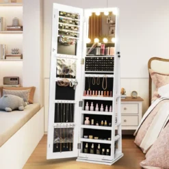 360° Drehbarer Schmuckschrank mit Beleuchtung & Spiegel Spiegelschrank Standspiegel Weiß