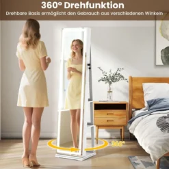 360° Drehbarer Schmuckschrank mit Beleuchtung & Spiegel Spiegelschrank Standspiegel Weiß