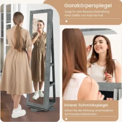 360° Drehbarer Schmuckschrank mit Ganzkörperspiegel Spiegelschrank mit Schmuckaufbewahrung