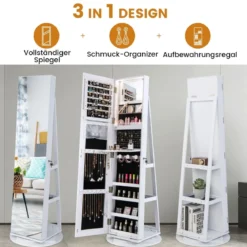 360° Drehbarer Schmuckschrank mit Dreifarbigen LED-Leuchten Freistehender Spiegelschrank