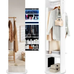 360° Drehbarer Schmuckschrank mit Spiegel & LED-Leuchten Freistehender Spiegelschrank