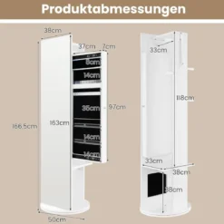 360° Drehbarer Schmuckschrank mit Spiegel & LED-Leuchten Freistehender Spiegelschrank