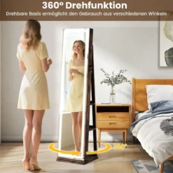 360° Drehbarer Schmuckschrank mit Beleuchtung & Spiegel Spiegelschrank Standspiegel Braun