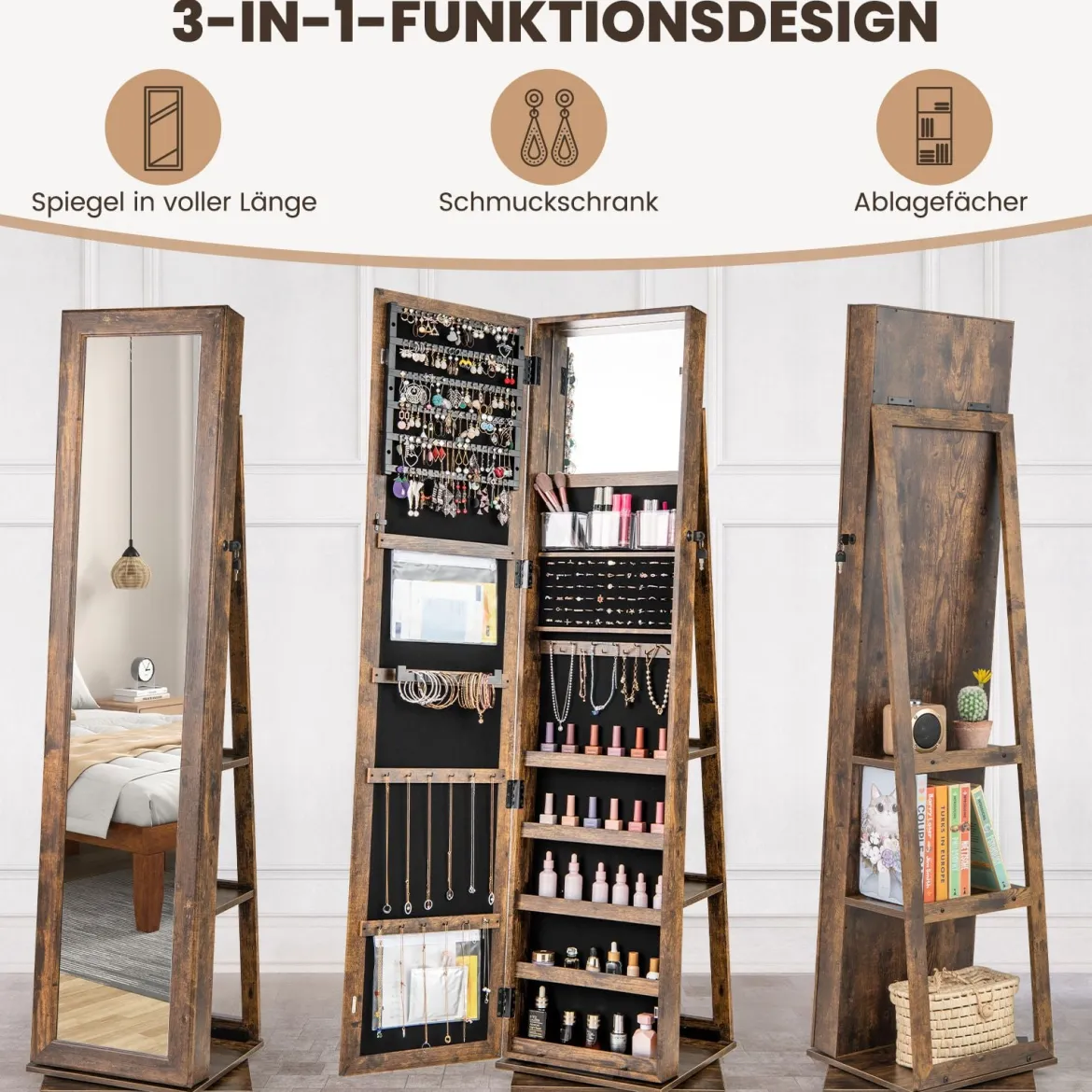 360° drehbarer Schmuckschrank Schmuckorganisator mit Ganzkörperspiegel Rückregalen Spiegelschrank freistehend Vintagebraun