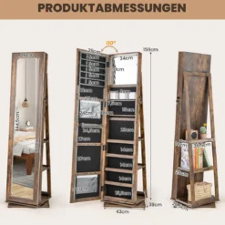 360° drehbarer Schmuckschrank Schmuckorganisator mit Ganzkörperspiegel Rückregalen Spiegelschrank freistehend Vintagebraun
