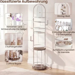 360° Drehbares Schmuckständer mit Ohrring- & Halskettenhaltern & 3 Regalen & Kettenständer Weiß + Grau