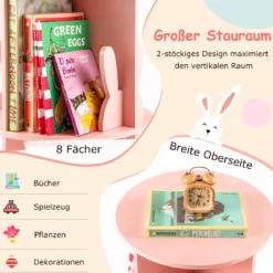 Drehrbares Bücherregal Kinder Kinderregal mit 2 Ebenen & Hasen-Trennwänden 40 x 40 x 65cm Rosa