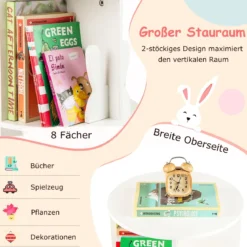 Drehrbares Bücherregal Kinder Kinderregal mit 2 Ebenen & Hasen-Trennwänden 360 Grad 40 x 40 x 65cm Weiß