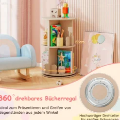 Drehrbares Bücherregal Kinder Kinderregal mit 2 Ebenen & Hasen-Trennwänden 360 Grad 40 x 40 x 65cm Kaffee