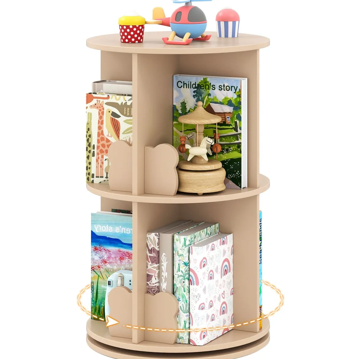Drehrbares Bücherregal Kinder Kinderregal mit 2 Ebenen & Hasen-Trennwänden 360 Grad 40 x 40 x 65cm Kaffee
