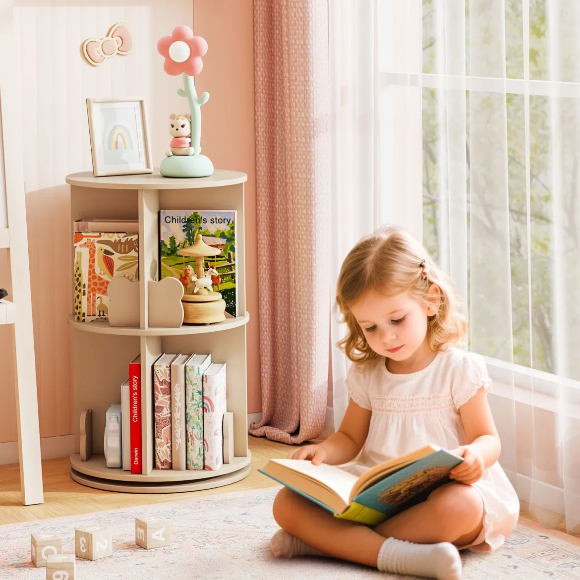 Drehrbares Bücherregal Kinder Kinderregal mit 2 Ebenen & Hasen-Trennwänden 360 Grad 40 x 40 x 65cm Kaffee