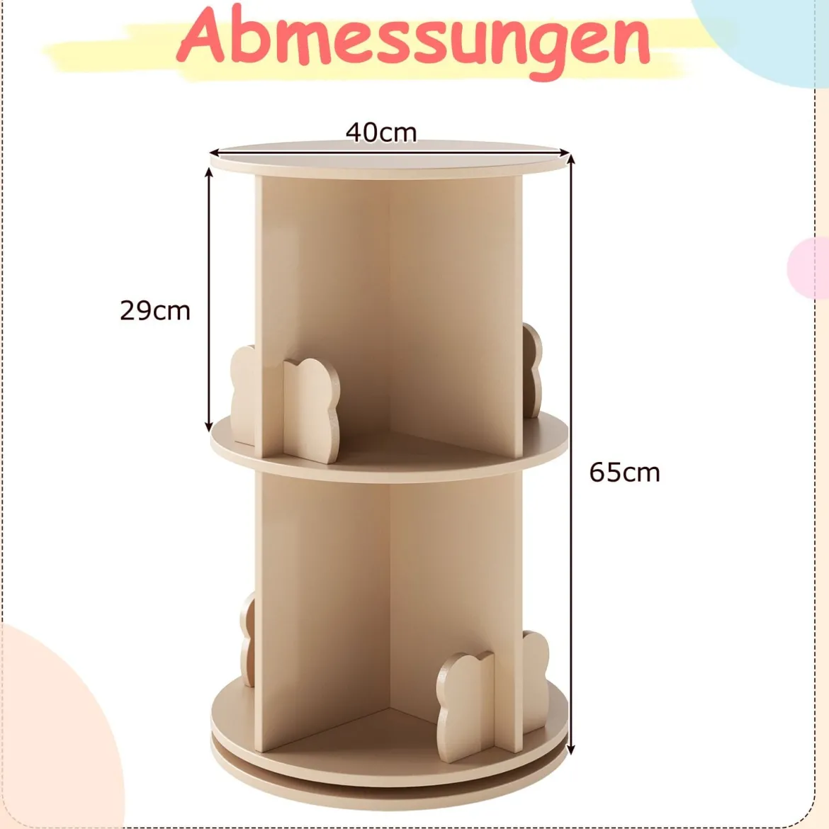 Drehrbares Bücherregal Kinder Kinderregal mit 2 Ebenen & Hasen-Trennwänden 360 Grad 40 x 40 x 65cm Kaffee