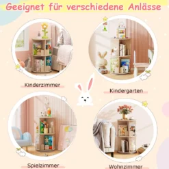 Drehrbares Bücherregal Kinder Kinderregal mit 2 Ebenen & Hasen-Trennwänden 360 Grad 40 x 40 x 65cm Kaffee