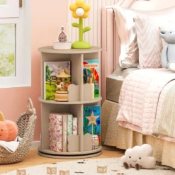 Drehrbares Bücherregal Kinder Kinderregal mit 2 Ebenen & Hasen-Trennwänden 360 Grad 40 x 40 x 65cm Kaffee