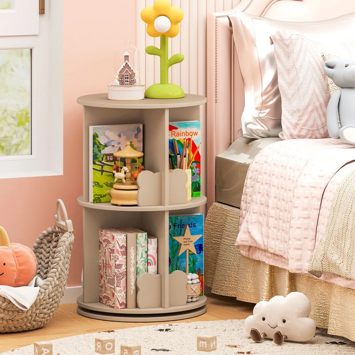 Drehrbares Bücherregal Kinder Kinderregal mit 2 Ebenen & Hasen-Trennwänden 360 Grad 40 x 40 x 65cm Kaffee