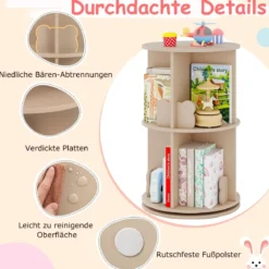 Drehrbares Bücherregal Kinder Kinderregal mit 2 Ebenen & Hasen-Trennwänden 360 Grad 40 x 40 x 65cm Kaffee
