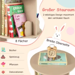 Drehrbares Bücherregal Kinder Kinderregal mit 2 Ebenen & Hasen-Trennwänden 360 Grad 40 x 40 x 65cm Kaffee