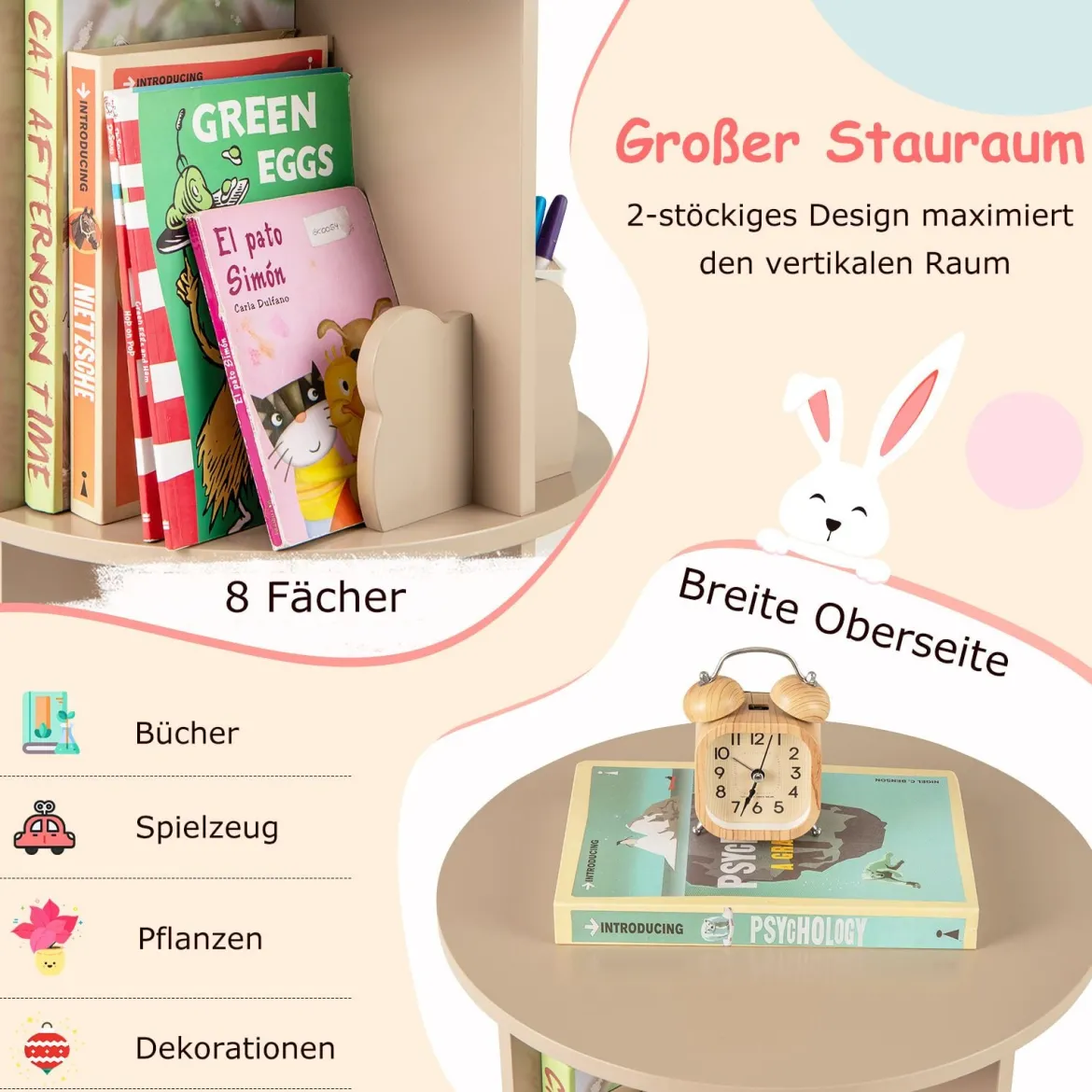 Drehrbares Bücherregal Kinder Kinderregal mit 2 Ebenen & Hasen-Trennwänden 360 Grad 40 x 40 x 65cm Kaffee
