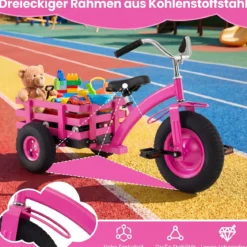 Dreirad Kinderfahrrad bis 91 kg Belastbar mit Verstellbarem Sitz & Lenker für Kinder ab 3 Jahren Rosa