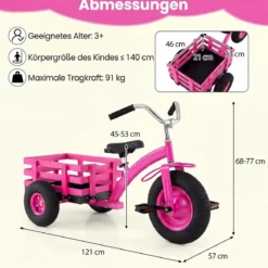 Dreirad Kinderfahrrad bis 91 kg Belastbar mit Verstellbarem Sitz & Lenker für Kinder ab 3 Jahren Rosa