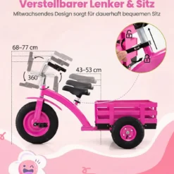 Dreirad Kinderfahrrad bis 91 kg Belastbar mit Verstellbarem Sitz & Lenker für Kinder ab 3 Jahren Rosa