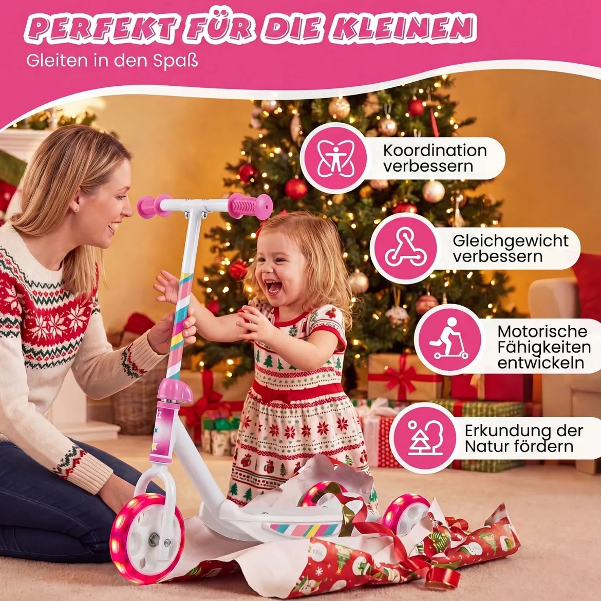 Dreirad Kinderroller mit Led-rädern Tretroller & Rutschfester Trittfläche 20 kg Belastbar Rosa
