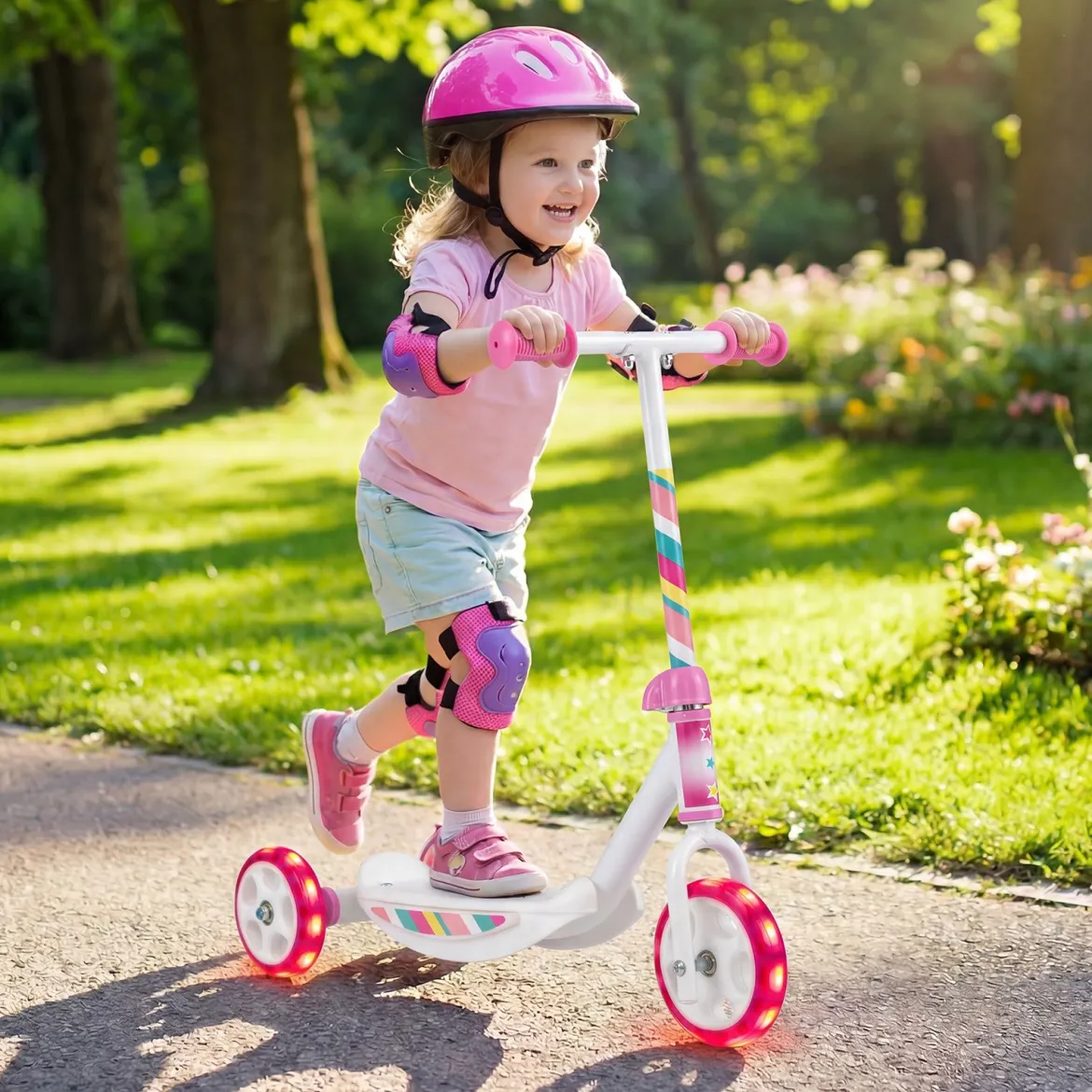 Dreirad Kinderroller mit Led-rädern Tretroller & Rutschfester Trittfläche 20 kg Belastbar Rosa