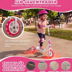 Dreirad Kinderroller mit Led-rädern Tretroller & Rutschfester Trittfläche 20 kg Belastbar Rosa