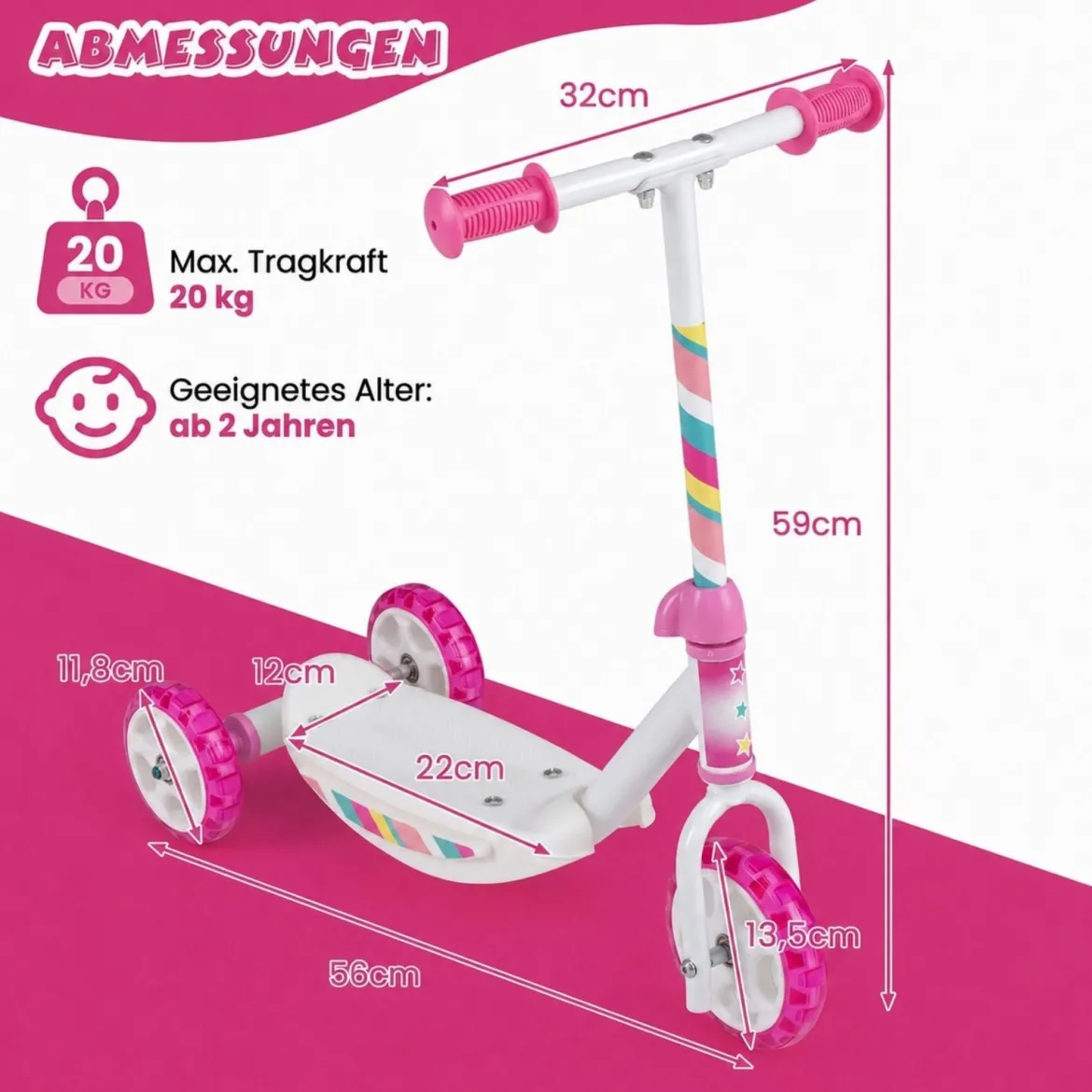 Dreirad Kinderroller mit Led-rädern Tretroller & Rutschfester Trittfläche 20 kg Belastbar Rosa