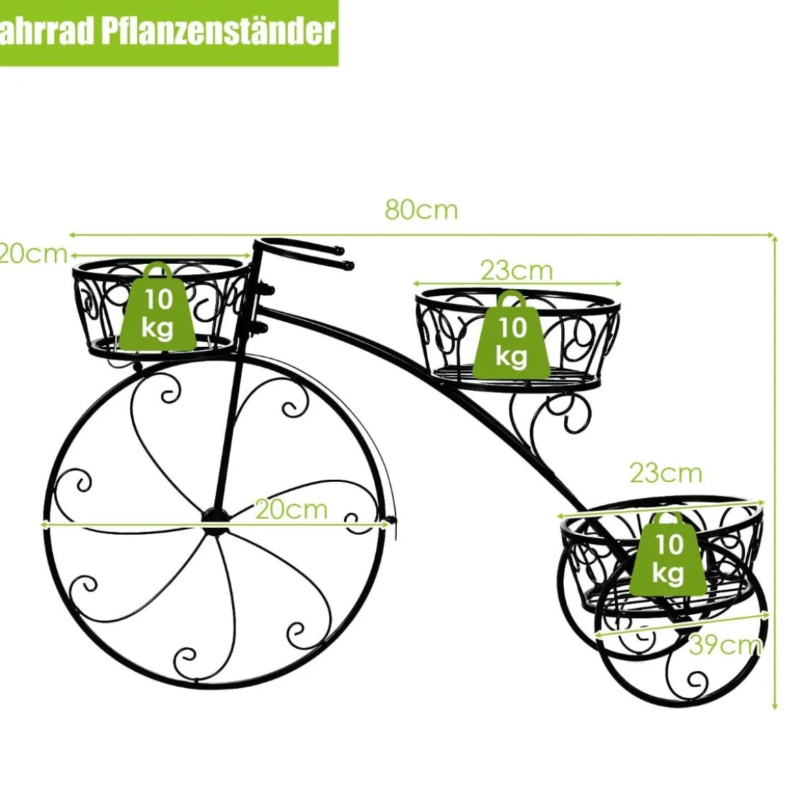 Dreirad-Pflanzenständer Fahrrad-Pflanzenhalter im Pariser Stil 80 x 52 cm Schwarz