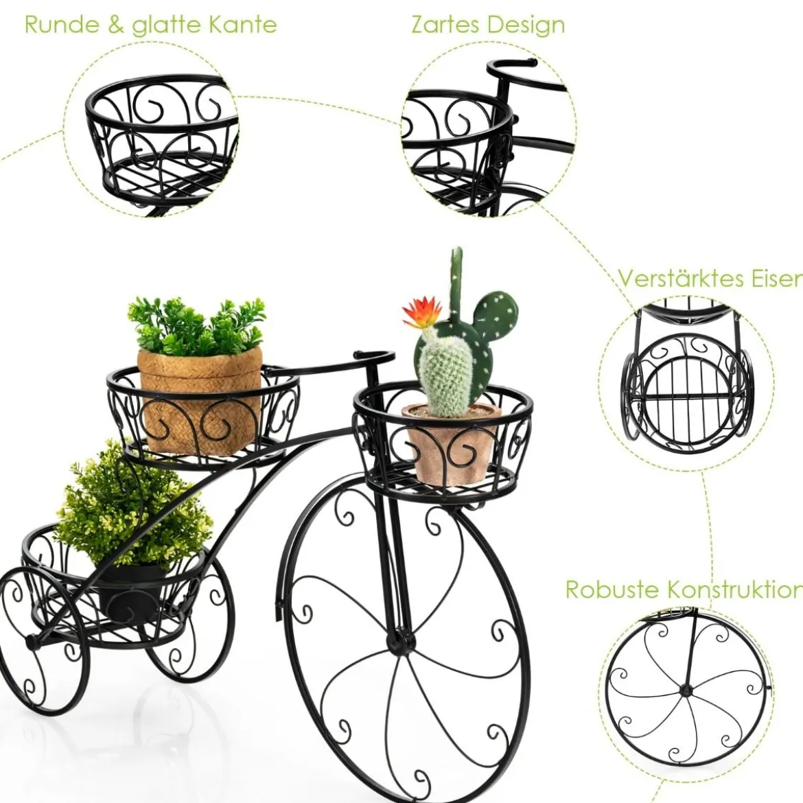 Dreirad-Pflanzenständer Fahrrad-Pflanzenhalter im Pariser Stil 80 x 52 cm Schwarz