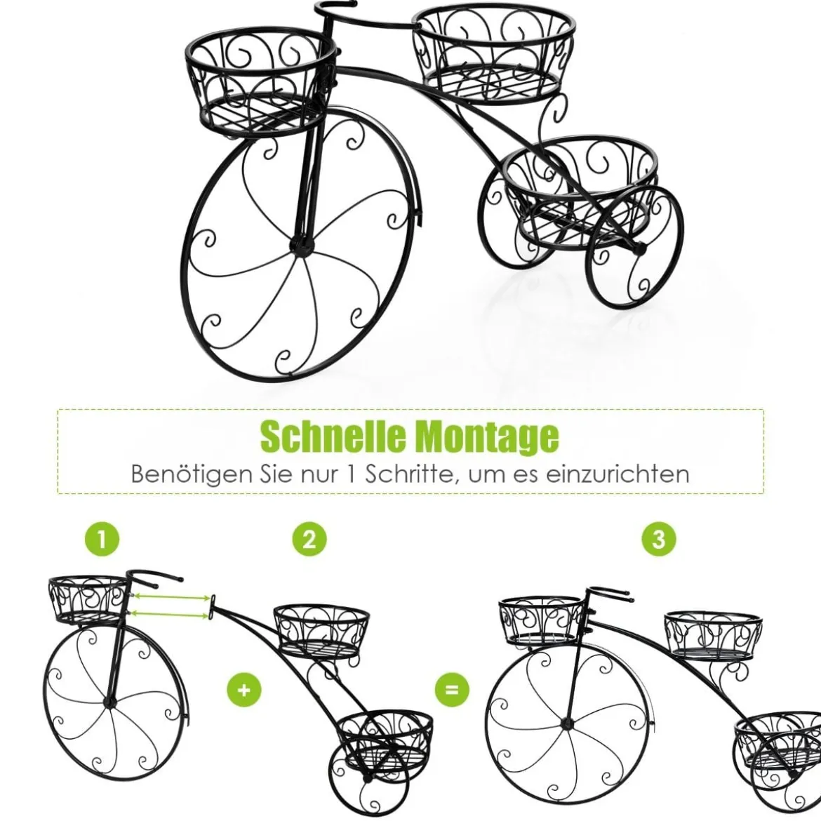 Dreirad-Pflanzenständer Fahrrad-Pflanzenhalter im Pariser Stil 80 x 52 cm Schwarz