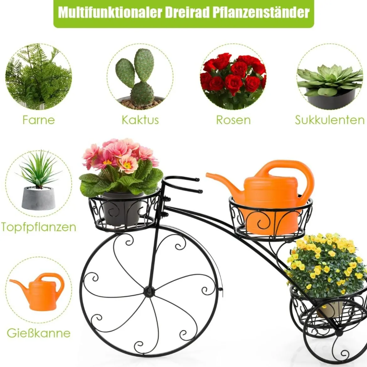 Dreirad-Pflanzenständer Fahrrad-Pflanzenhalter im Pariser Stil 80 x 52 cm Schwarz