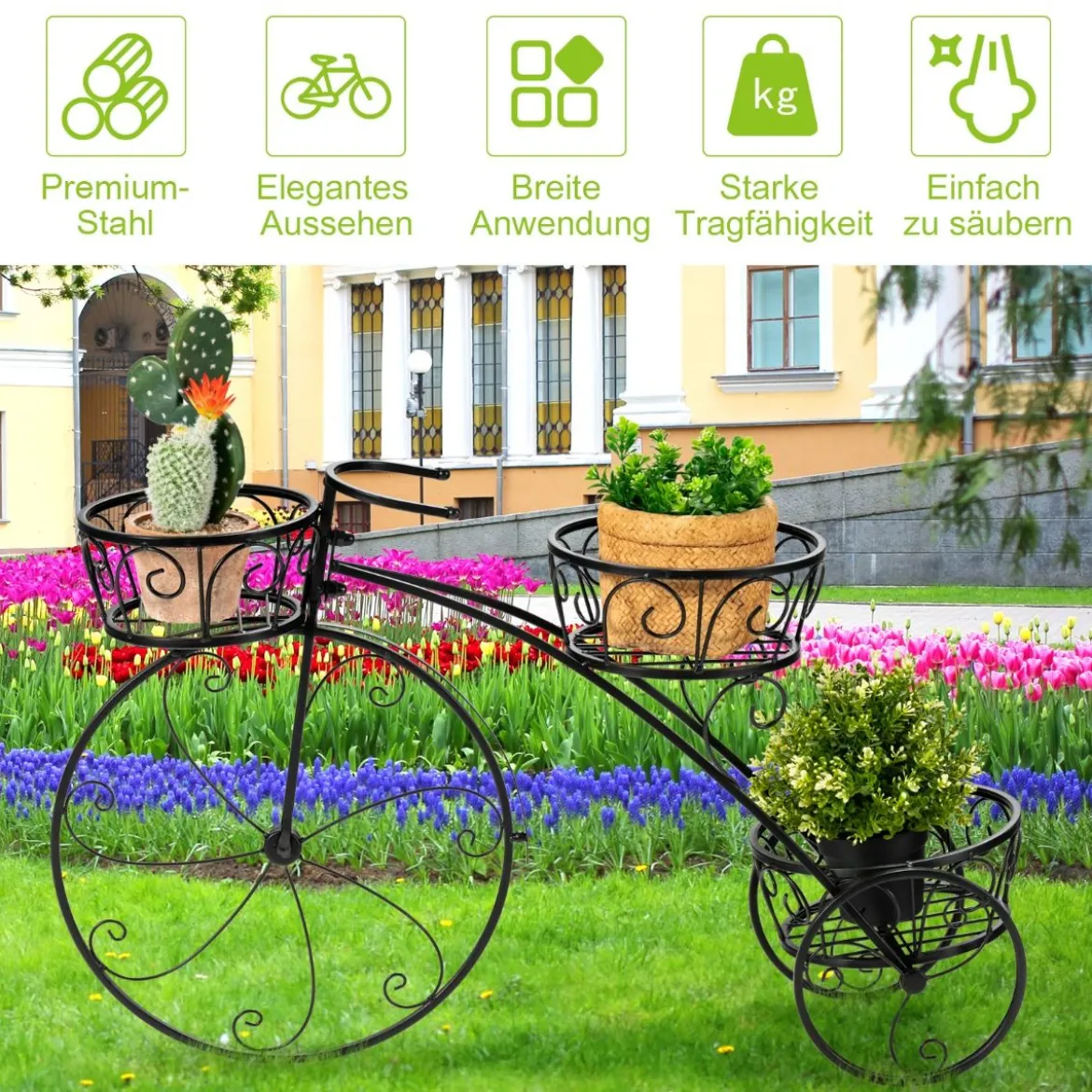 Dreirad-Pflanzenständer Fahrrad-Pflanzenhalter im Pariser Stil 80 x 52 cm Schwarz