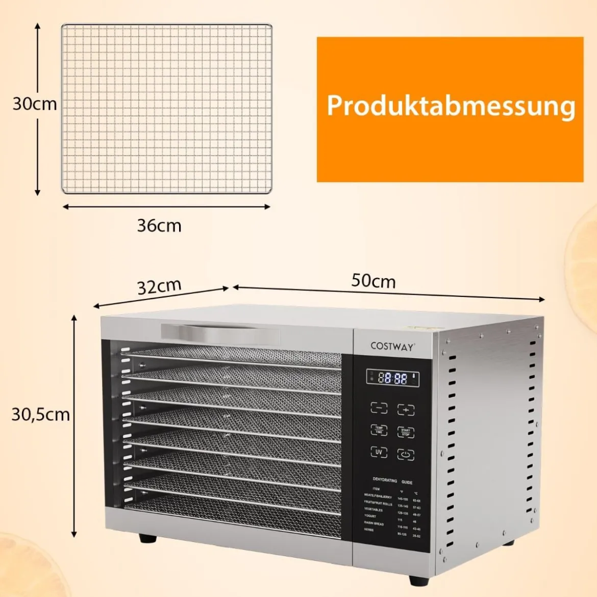 Dörrgerät mit 8 Gittertabletts & 0–70°C Temperaturregelung & Überhitzungsschutz Dörrautomat