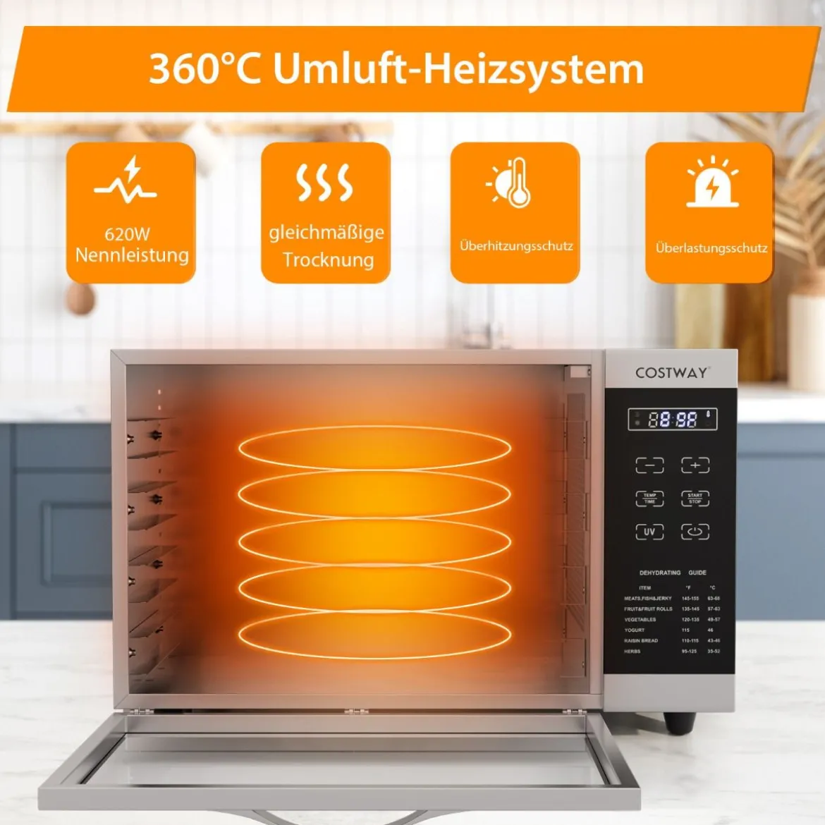 Dörrgerät mit 8 Gittertabletts & 0–70°C Temperaturregelung & Überhitzungsschutz Dörrautomat