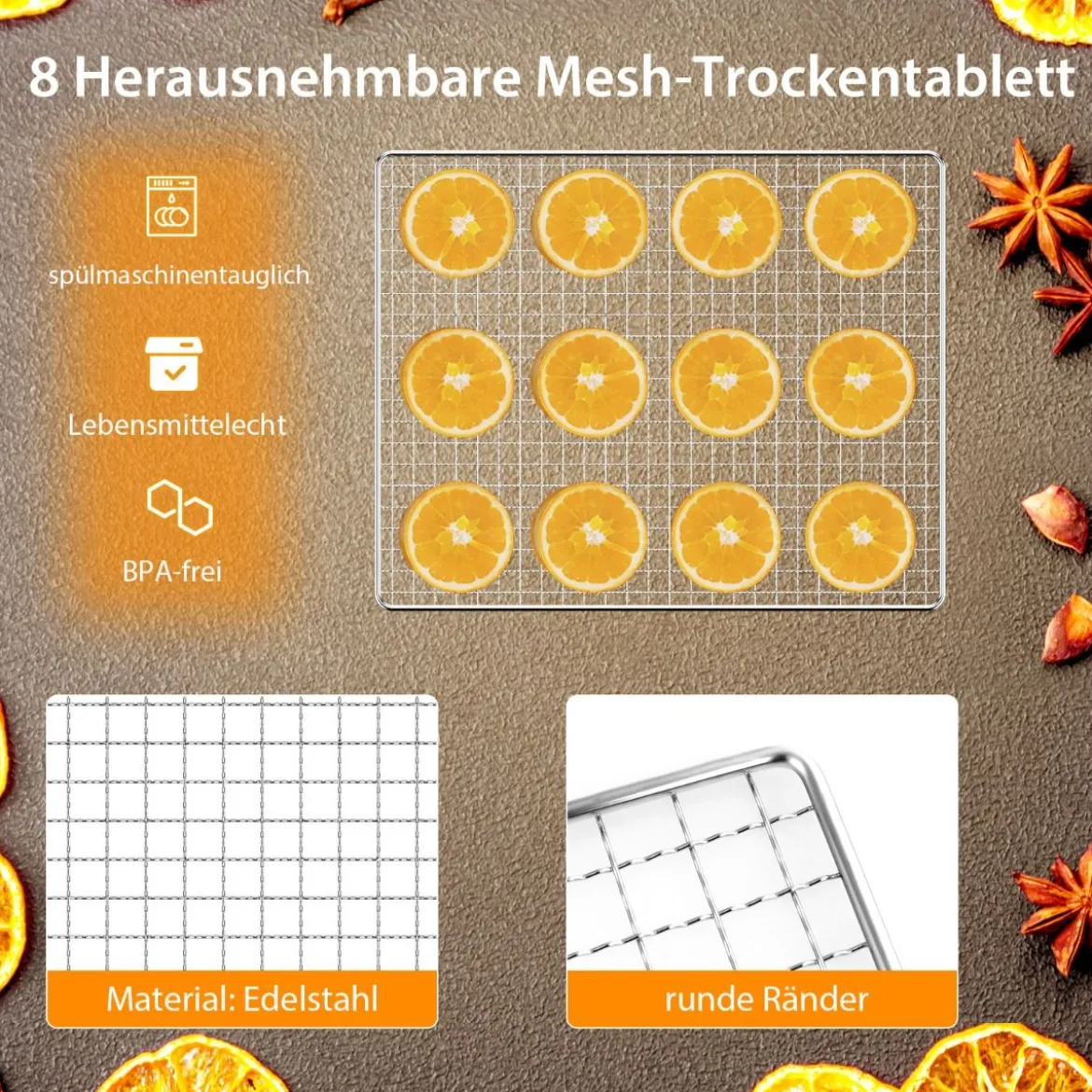 Dörrgerät mit 8 Gittertabletts & 0–70°C Temperaturregelung & Überhitzungsschutz Dörrautomat