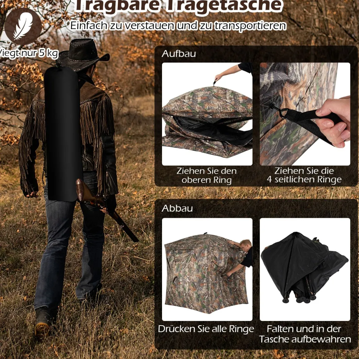 270° durchsichtiger Tarnzelt Pop-Up Jagdzelt aus robust Oxford für 2-3 Personen tragbares Tarnzelt Tarnmuster