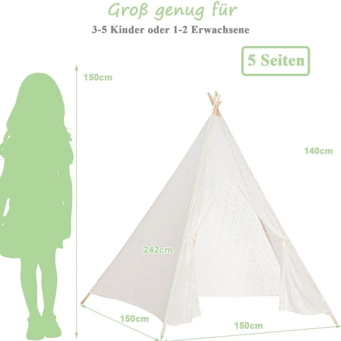 Durchsichtiges Spitzen-Kinderzelt mit Bunten Lichterketten für Kinder & Erwachsene 150 x 150 x 140 cm