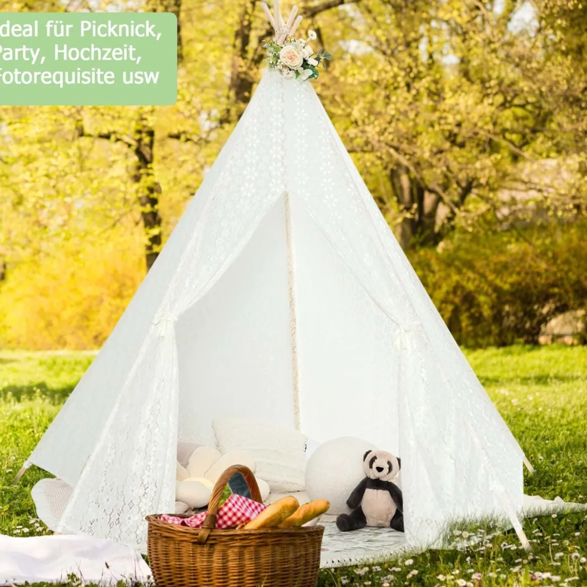 Durchsichtiges Spitzen-Kinderzelt mit Bunten Lichterketten für Kinder & Erwachsene 150 x 150 x 140 cm