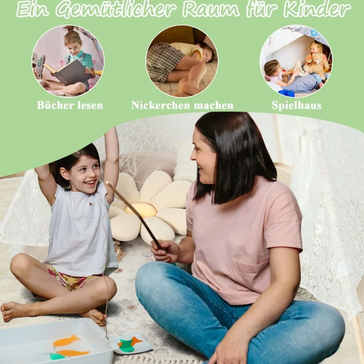 Durchsichtiges Spitzen-Kinderzelt mit Bunten Lichterketten für Kinder & Erwachsene 150 x 150 x 140 cm