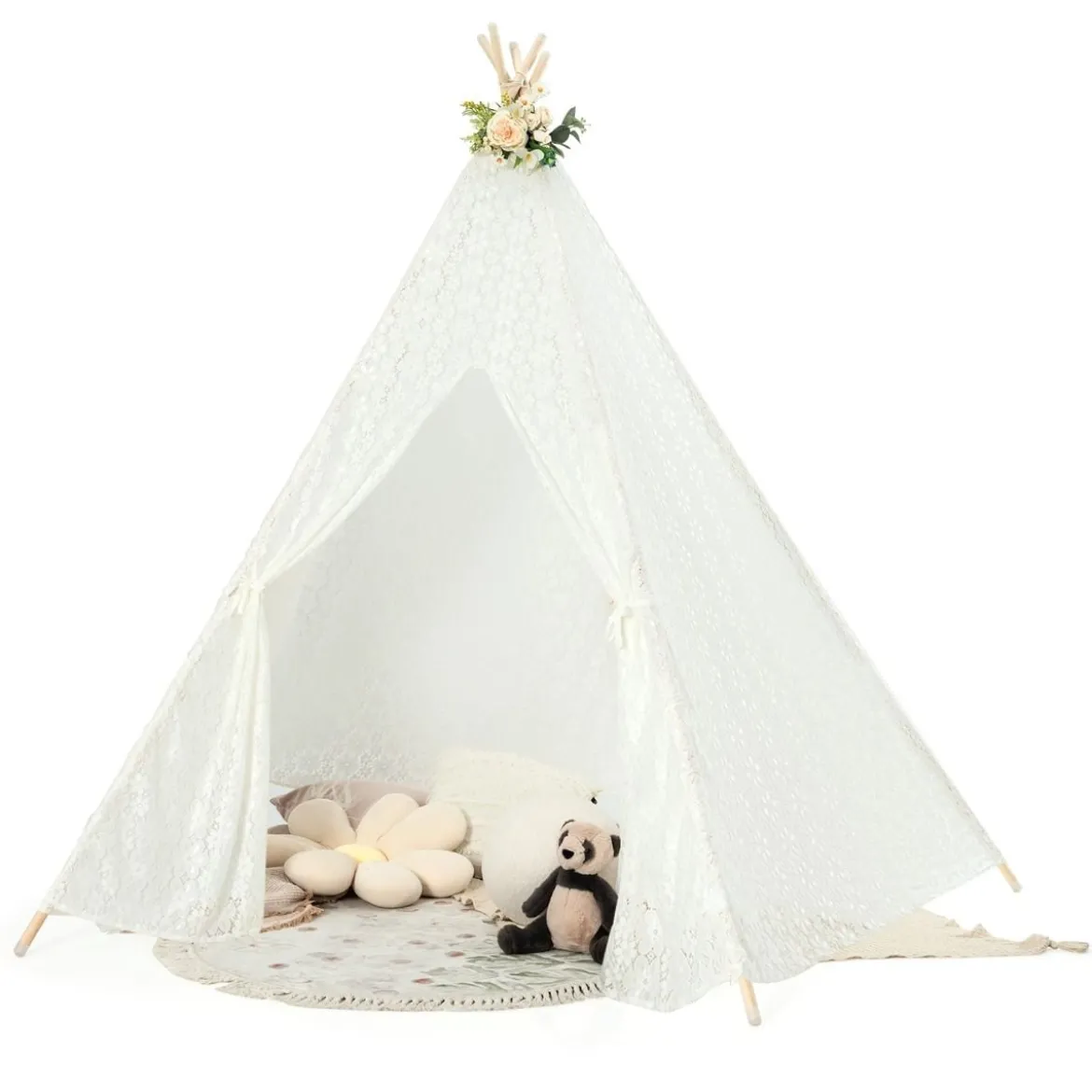 Durchsichtiges Spitzen-Kinderzelt mit Bunten Lichterketten für Kinder & Erwachsene 150 x 150 x 140 cm