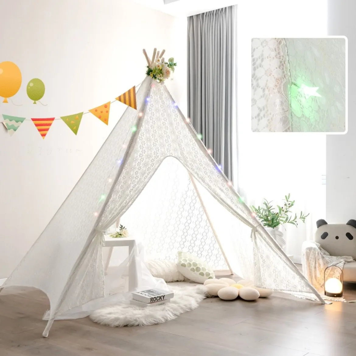 Durchsichtiges Spitzen-Kinderzelt mit Bunten Lichterketten für Kinder & Erwachsene 150 x 150 x 140 cm