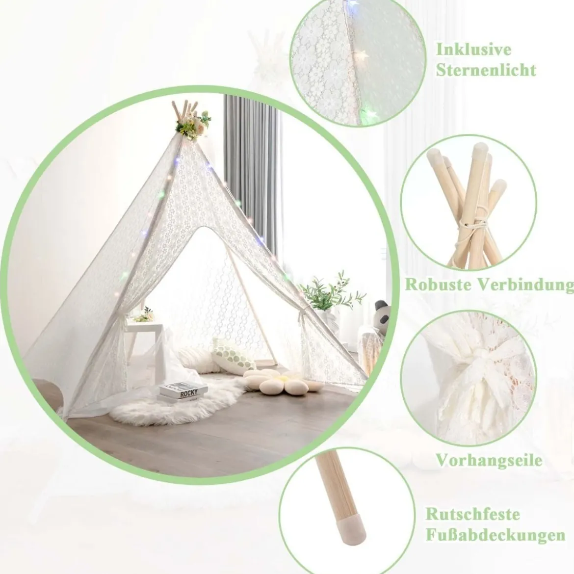 Durchsichtiges Spitzen-Kinderzelt mit Bunten Lichterketten für Kinder & Erwachsene 150 x 150 x 140 cm