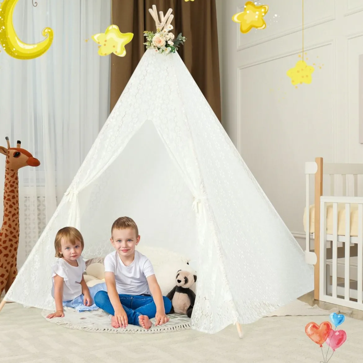 Durchsichtiges Spitzen-Kinderzelt mit Bunten Lichterketten für Kinder & Erwachsene 150 x 150 x 140 cm