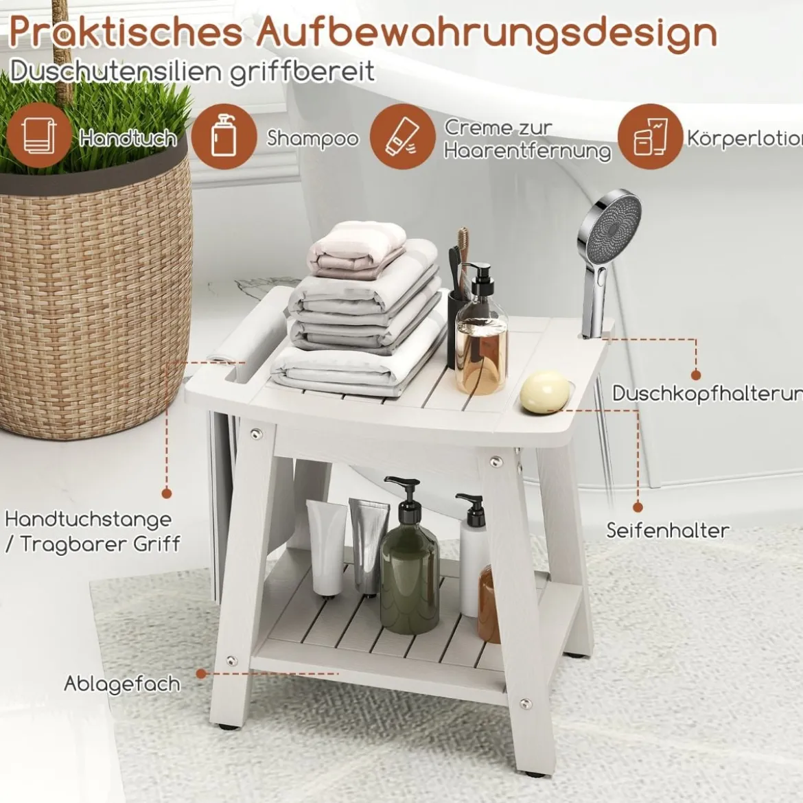 Duschbank Bad Badhocker wasserdicht mit Griff & Ablage Duschhocker 150 kg Belastbar